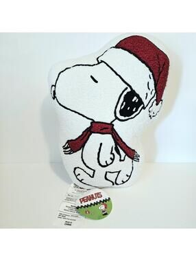 Peanuts Snoopy Christmas With Santa Hat & Scarf Shaped Sherpa Pillow NEW